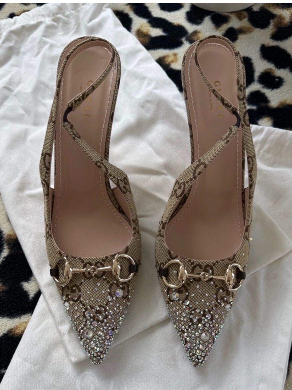 Gucci Beige GG Canvas Crystal-Embellished Slingback Pumps - Picture 1 of 7